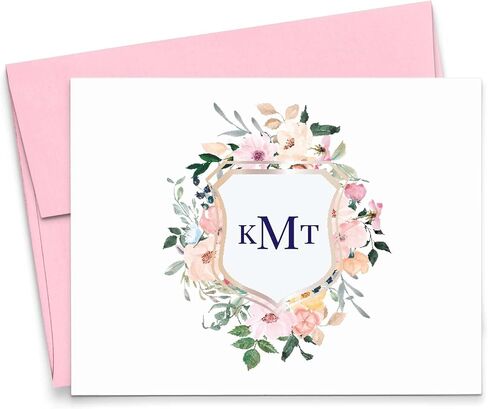 Floral Monogram Crest Stationery, Modern Floral Stationery Note Cards, Monogram Stationary for women, Your Choice of Colors and Quantity in Saudi Arabia