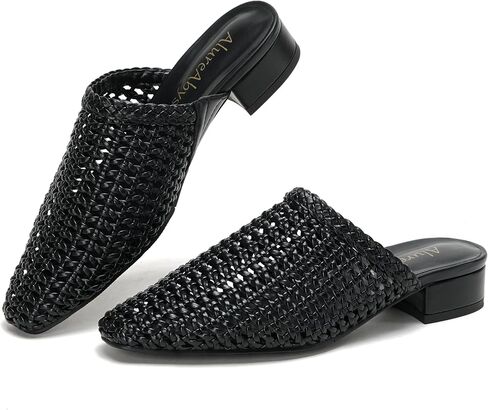 للنساء أحذية سهلة الارتداء كتلة كعب منخفض منسوج البغال متأنق اصبع القدم مربع كاجوال شبكة سوداء البغال in Kuwait