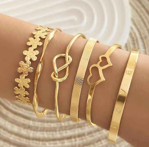 Gold Bangle Bracelet, 6 Pcs Layer Stackable Cuff Bracelet Set, 14K Gold Plated Dainty Layered Chain for Women (Gold) in Saudi Arabia
