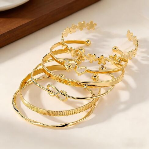 Gold Bangle Bracelet, 6 Pcs Layer Stackable Cuff Bracelet Set, 14K Gold Plated Dainty Layered Chain for Women (Gold) in Saudi Arabia