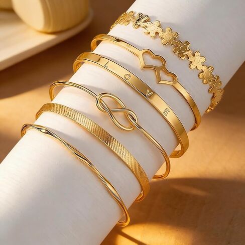 Gold Bangle Bracelet, 6 Pcs Layer Stackable Cuff Bracelet Set, 14K Gold Plated Dainty Layered Chain for Women (Gold) in Saudi Arabia