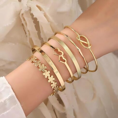 Gold Bangle Bracelet, 6 Pcs Layer Stackable Cuff Bracelet Set, 14K Gold Plated Dainty Layered Chain for Women (Gold) in Saudi Arabia