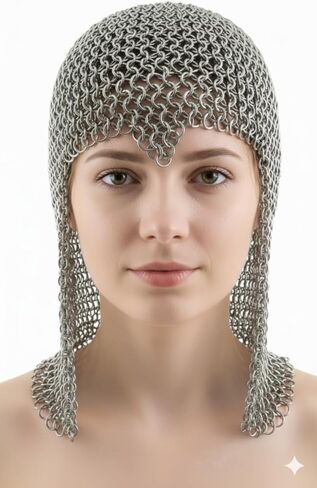 Butted Chainmail Coif Hood, Medieval Aluminum Silver Chainmail Coif Armor Costume Wearable Adult Replica Costumes Armour, 9MM Round Butted Rings, Anodized Finish in Saudi Arabia