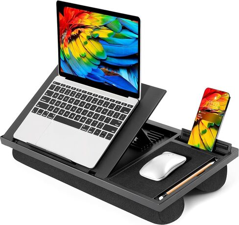 LORYERGO Adjustable Laptop Desk with Cushion, Mouse Pad & Cellphone Slot - Laptop Stand for Bed & Couch, Lap Desk for Home & Office (Black) in Kuwait