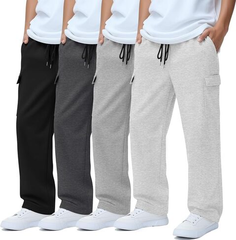 4 Pack Boys Cargo Sweatpants Athletic Straight Leg Pants Kids Lightweight Open Bottom Joggers Drawstring Pockets in Kuwait