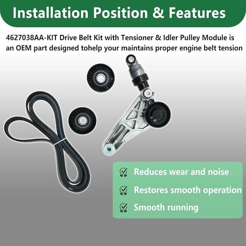 Drive Belt Kit with Tensioner & Idler Pulley Compatible with Wrangler 2012-2017, Wrangler JK 3.6L V6 2018, Replace 4627038AA 4627038AA-KIT 4627038AAKIT in Saudi Arabia