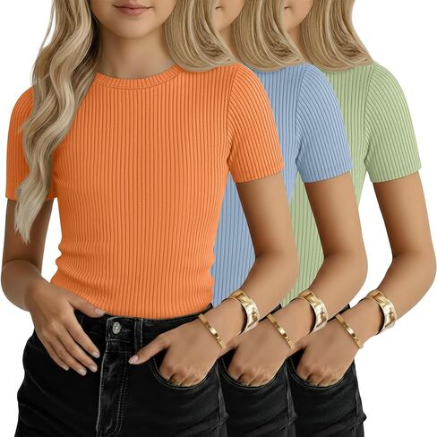 مجموعة من 3 قمصان للفتيات بأكمام قصيرة للأطفال، تيشيرتات صيفية أساسية كاجوال برقبة دائرية للأطفال من عمر 5 إلى 14 سنة in Kuwait