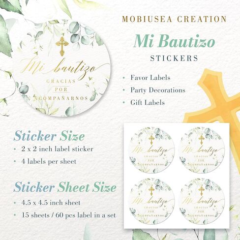 ملصقات Mobiusea Creation Greenery Mi Bautizo - 60 قطعة من الملصقات الذهبية المتقاطعة لهدايا المعمودية لديكورات الحفلات وBautizo Recuerdos in Kuwait