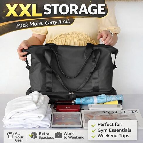 Japard 2 WAY Gym Small Bag for Women with Shoe Compartment, Waterproof Travel Duffel, Large Carry-On Tote with Wet Pocket & Luggage Sleeve, Sports Workout Bag (Black) in Saudi Arabia