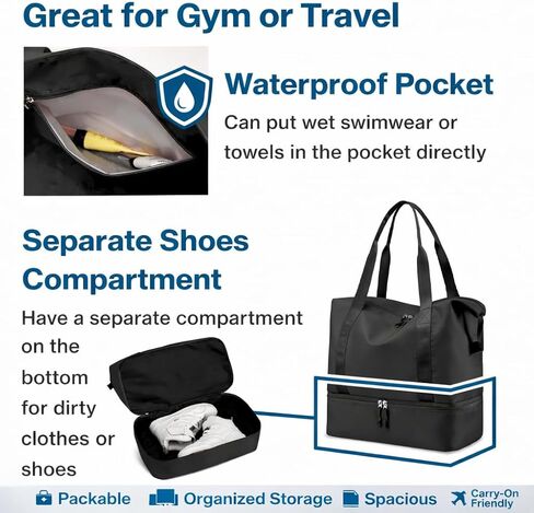 Japard 2 WAY Gym Small Bag for Women with Shoe Compartment, Waterproof Travel Duffel, Large Carry-On Tote with Wet Pocket & Luggage Sleeve, Sports Workout Bag (Black) in Saudi Arabia
