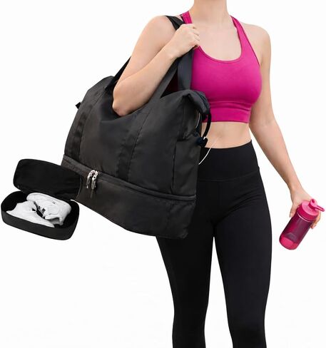Japard 2 WAY Gym Small Bag for Women with Shoe Compartment, Waterproof Travel Duffel, Large Carry-On Tote with Wet Pocket & Luggage Sleeve, Sports Workout Bag (Black) in Saudi Arabia