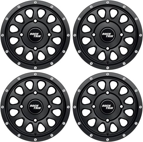 عجلات RockTrix RT111 مقاس 15 بوصة مقاس 15x7، نمط مسمار 4x156، إزاحة 4+3، إطارات ATV UTV SxS، متوافقة مع Polaris Sportsman RZR Ranger Ranger Crew، 4/156 أسود غير لامع، مجموعة من 4 in Kuwait