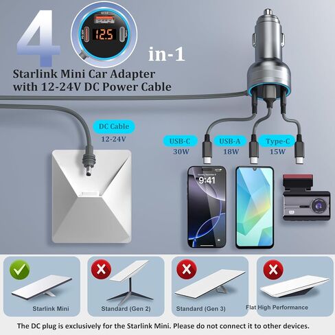 Starlink Mini Cable 10FT، Bangfun 4 in1 Starlink Mini Car Charger 12V DC كابل الطاقة + 60W محول ولاعة سجائر السيارة 12V-24V مع عرض الجهد USB C PD 30W+QC 3.0 منافذ USB للسيارة RVS والشاحنات in Kuwait