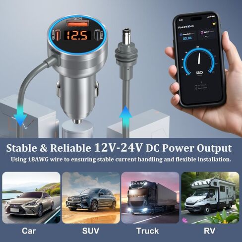 Starlink Mini Cable 10FT، Bangfun 4 in1 Starlink Mini Car Charger 12V DC كابل الطاقة + 60W محول ولاعة سجائر السيارة 12V-24V مع عرض الجهد USB C PD 30W+QC 3.0 منافذ USB للسيارة RVS والشاحنات in Kuwait