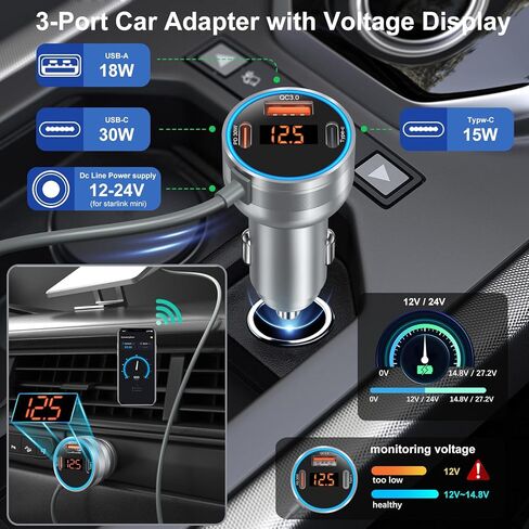 Starlink Mini Cable 10FT، Bangfun 4 in1 Starlink Mini Car Charger 12V DC كابل الطاقة + 60W محول ولاعة سجائر السيارة 12V-24V مع عرض الجهد USB C PD 30W+QC 3.0 منافذ USB للسيارة RVS والشاحنات in Kuwait