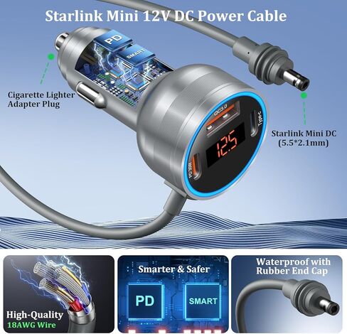 Starlink Mini Cable 10FT، Bangfun 4 in1 Starlink Mini Car Charger 12V DC كابل الطاقة + 60W محول ولاعة سجائر السيارة 12V-24V مع عرض الجهد USB C PD 30W+QC 3.0 منافذ USB للسيارة RVS والشاحنات in Kuwait