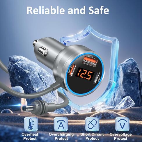 Starlink Mini Cable 10FT، Bangfun 4 in1 Starlink Mini Car Charger 12V DC كابل الطاقة + 60W محول ولاعة سجائر السيارة 12V-24V مع عرض الجهد USB C PD 30W+QC 3.0 منافذ USB للسيارة RVS والشاحنات in Kuwait