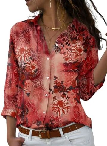 Women's Collared Long Sleeve Floral Print Shirts, Lightweight Loose-Fit Button-Down Tops for Daily Wear Travel Work in Saudi Arabia