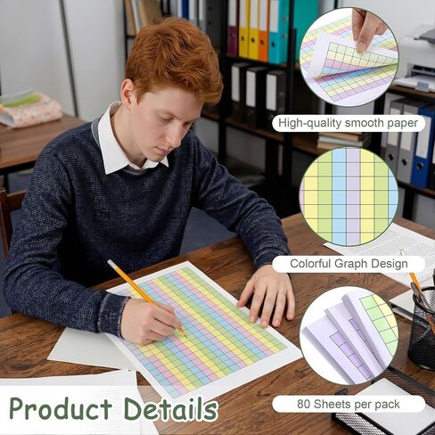 80 Sheets Colored Graph Paper Pad 11.69"x8.26" Math Notebook Grid 1/2 Inch Squares Large Quad Ruled Grid A4 Pastel Squares Graphing Paper for Handwriting Planning Dyslexia People in Kuwait