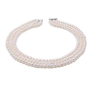 قلادة JYX من اللؤلؤ بثلاث حبات من اللؤلؤ 6-7 مم بشكل مسطح قلادة من اللؤلؤ الأبيض للمياه العذبة المستزرعة للنساء 15.5-18 بوصة in Kuwait