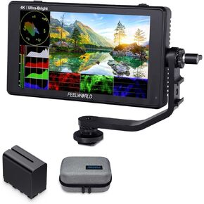 FEELWORLD LUT6 6 Inch 2600nits DSLR Camera Field Monitor with F970 6600mAh Battery and Cage, HDR 3D LUT Touch Screen Waveform VectorScope Histogram 4K HDMI Input Output 1920X1080