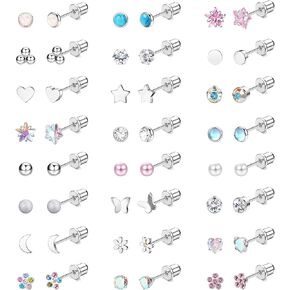 LOYALLOOK 24Pairs Screw Back Earrings Stud for Girls Women Surgical Steel Hypoallergenic Cartilage Stud Earrings Tiny Opal CZ Screwback Flat Back Stud Earrings Set Piercing Jewelry Multicolored 20G