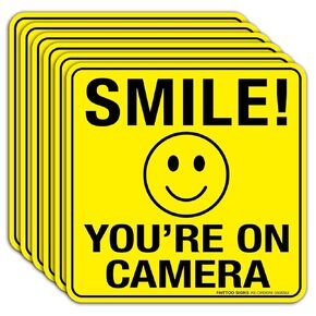 Smile You're On Camera Sign Stickers 6 Pack - 6 x 6 Inches- 4 Mil Vinyl - Laminated for Ultimate UV, Weather, Scratch, Water and Fade Resistance - Easy To Stick - Use for CCTV Security Camera