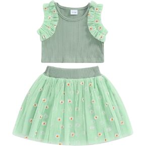 BeQeuewll Toddler Baby Girl Summer Clothes Daisy Flower Girl Outfit Knit Shirt Mini Pleated Skirts Set Outfits for Grils1-4T