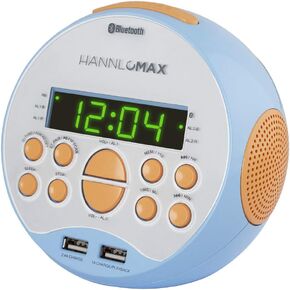 HANNLOMAX HX-129CR Alarm Clock Radio. PLL FM Radio, 0.6" Green LED Display, Bluetooth, USB Ports for 2.4A & 1A Charging/MP3 Playback (Blue)