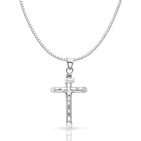 Ioka 14K White Gold Crucifix Cross Religious Charm Pendant with 0.8mm Box Chain Necklace