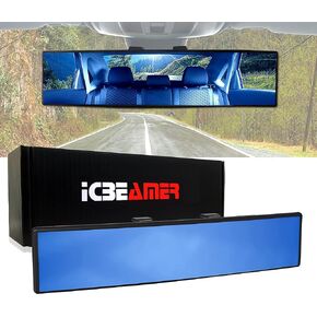 ICBEAMER 9.4" Car Rear View Mirror, HD Blue Tint, Panoramic Wide Angle Convex Surface, 2 Interior Retractable Rubber Clips, Anti Glare, Automotive Accessories Universal for Truck, Car, SUV, 1 Pack