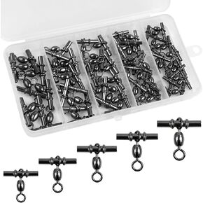 JSHANMEI 3 Way Fishing Sleeve Swivels Fishing Tackle Crossline Swivels Crimp Crane Swivel Heavy Duty Brass T-Turn Swivel for Rigs Saltwater Freshwater 60pcs Fishing Accessories