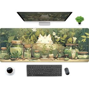 Cute Kawaii White Cat Anime Green Plant Leaves Desk Mat Large Mouse Pad Gaming Desk Pad, XL Extended Mousepad Desk Accessories for Women Office Decor Long Laptop Keyboard Mouse Mat 31.5x11.8 in