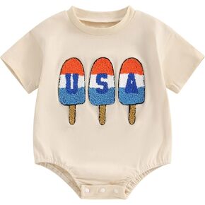 Gueuusu 4th of July Baby Boy Girl Clothes USA T Shirt Romper Letter Embroidery Short Sleeve Bubble Bodysuit Summer Clothes