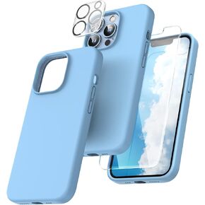 TOCOL [5 in 1 for iPhone 13 Pro Max Case, with 2 Pack Screen Protector + 2 Pack Camera Lens Protector, Slim Liquid Silicone Phone Case 6.7 Inch, [Anti-Scratch] [Drop Protection],Sierra Blue