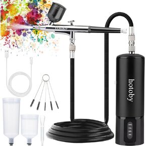 Airbrush Kit with Compressor, Cordless Airbrush Gun, Detachable battery, Auto power ON/OFF, with 7cc/20cc/40cc cups, with air hose, Dual Action Rechargeable Airbrush for Painting, Nail, Makeup (Black)