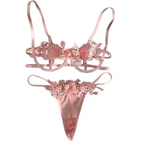 SHENHE Women's 2 Piece Floral Embroidery Bra and G String Hollow Out Underwire Lingerie Set