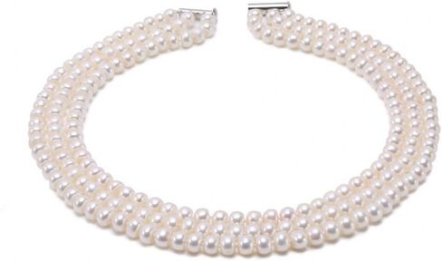 قلادة JYX من اللؤلؤ بثلاث حبات من اللؤلؤ 6-7 مم بشكل مسطح قلادة من اللؤلؤ الأبيض للمياه العذبة المستزرعة للنساء 15.5-18 بوصة in Kuwait