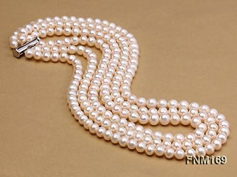 قلادة JYX من اللؤلؤ بثلاث حبات من اللؤلؤ 6-7 مم بشكل مسطح قلادة من اللؤلؤ الأبيض للمياه العذبة المستزرعة للنساء 15.5-18 بوصة in Kuwait