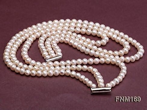 قلادة JYX من اللؤلؤ بثلاث حبات من اللؤلؤ 6-7 مم بشكل مسطح قلادة من اللؤلؤ الأبيض للمياه العذبة المستزرعة للنساء 15.5-18 بوصة in Kuwait