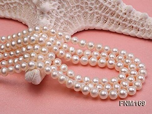 قلادة JYX من اللؤلؤ بثلاث حبات من اللؤلؤ 6-7 مم بشكل مسطح قلادة من اللؤلؤ الأبيض للمياه العذبة المستزرعة للنساء 15.5-18 بوصة in Kuwait