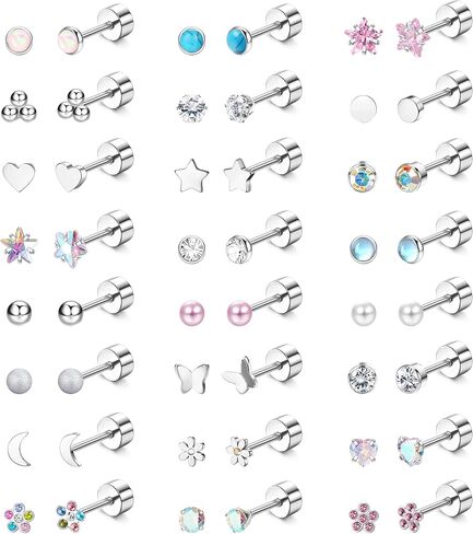 LOYALLOOK 24Pairs Screw Back Earrings Stud for Girls Women Surgical Steel Hypoallergenic Cartilage Stud Earrings Tiny Opal CZ Screwback Flat Back Stud Earrings Set Piercing Jewelry Multicolored 20G in Kuwait