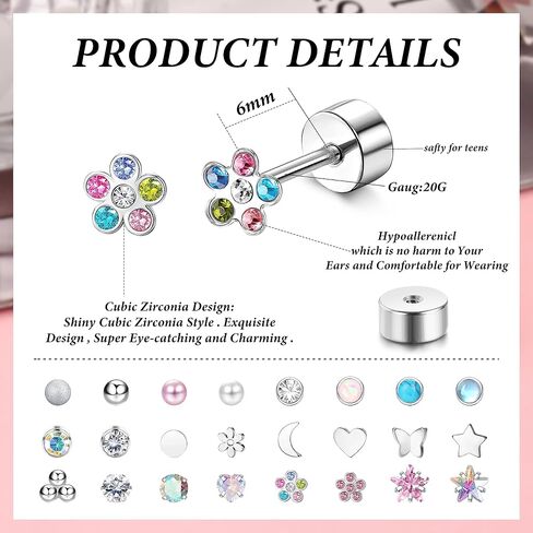 LOYALLOOK 24Pairs Screw Back Earrings Stud for Girls Women Surgical Steel Hypoallergenic Cartilage Stud Earrings Tiny Opal CZ Screwback Flat Back Stud Earrings Set Piercing Jewelry Multicolored 20G in Kuwait