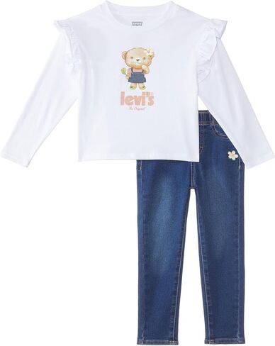 Levi's® Baby Girl's Long Sleeve Ruffle Graphic T-Shirt and Denim Two-Piece Outfit Set (Toddler) Bright White 3T Toddler in Saudi Arabia