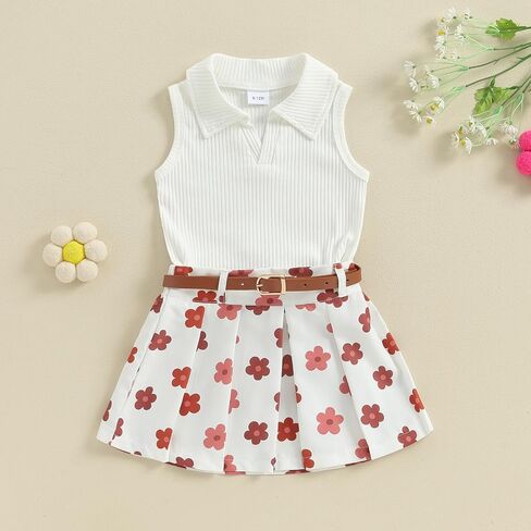 BeQeuewll Toddler Baby Girl Summer Clothes Daisy Flower Girl Outfit Knit Shirt Mini Pleated Skirts Set Outfits for Grils1-4T in Saudi Arabia