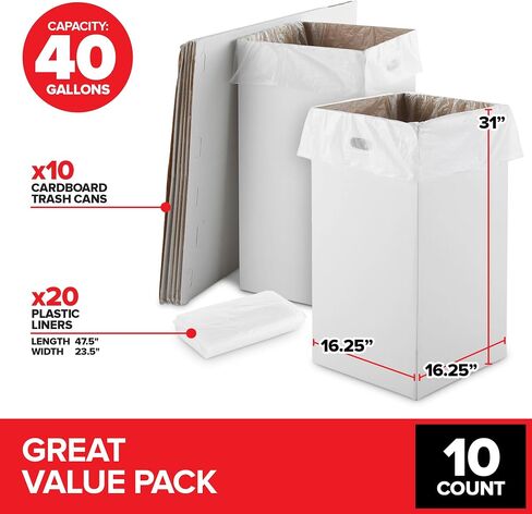 40 Gallon Disposable Cardboard Trash Cans for Events (10 Count), Disposable Trash Cans for Parties and Weddings, 40 Gallon Trash Can for Garbage and Recycling, Pop Up Style with 20 Liners Included in Saudi Arabia