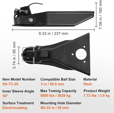 VEVOR A-Frame Trailer Coupler, Fits 2-Inch Hitch Ball Size, 8000 lbs Towing Capacity, Heavy Duty Steel Coupler, Ideal for Towing Station Wagons, Pickup Trucks, SUVs, Campers, Black Coating Surface in Saudi Arabia