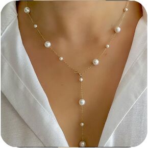 Lariat Pearl Gold Necklace for Women - Dainty Long Necklace 18k Gold Plated Lariat Y Necklace Bohemian Look Necklace Hypoallergenic Simple Gold Necklace For Women Gift in Saudi Arabia