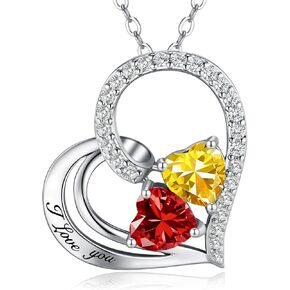 Double Birthstone Heart Necklace 0.8CT Dual-Gemstone S925 Sterling Silver Plated White Gold Engraved "I Love You" Perfect Anniversary/Valentine's Day Gift for Wife/Girlfriend/Mom/Daughter (01-01-Jan-Jan Birthstone) in Saudi Arabia