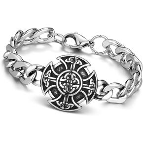 Zysta Stainless Steel Mens Wolf Head Compass Trinity Knot Life Tree Link Chain Bracelet Goth Gothic Biker Wristband Fashion Statement Heavy Viking Jewelry for Men in Saudi Arabia